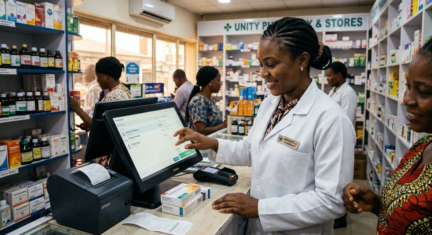 Tanzanian pharmacist in a white coat using a StellarPOS terminal at a pharmacy counter