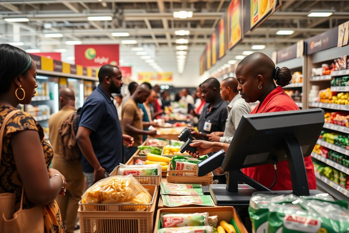 Supermarket checkout counter with groceries and point of sale equipment in Tanzania